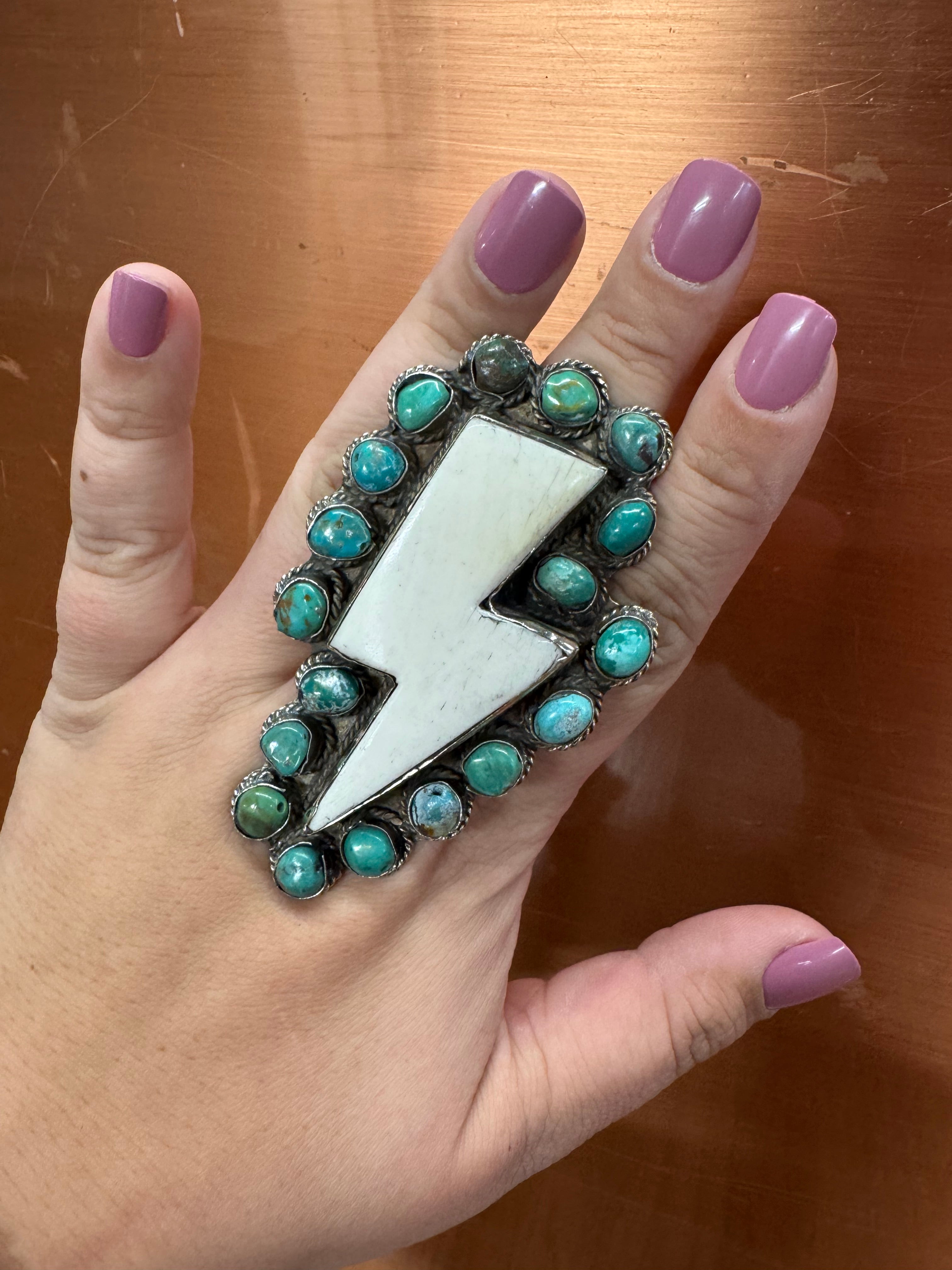 Turquoise and Bone 
Lightning Bolt Ring- Adjustable