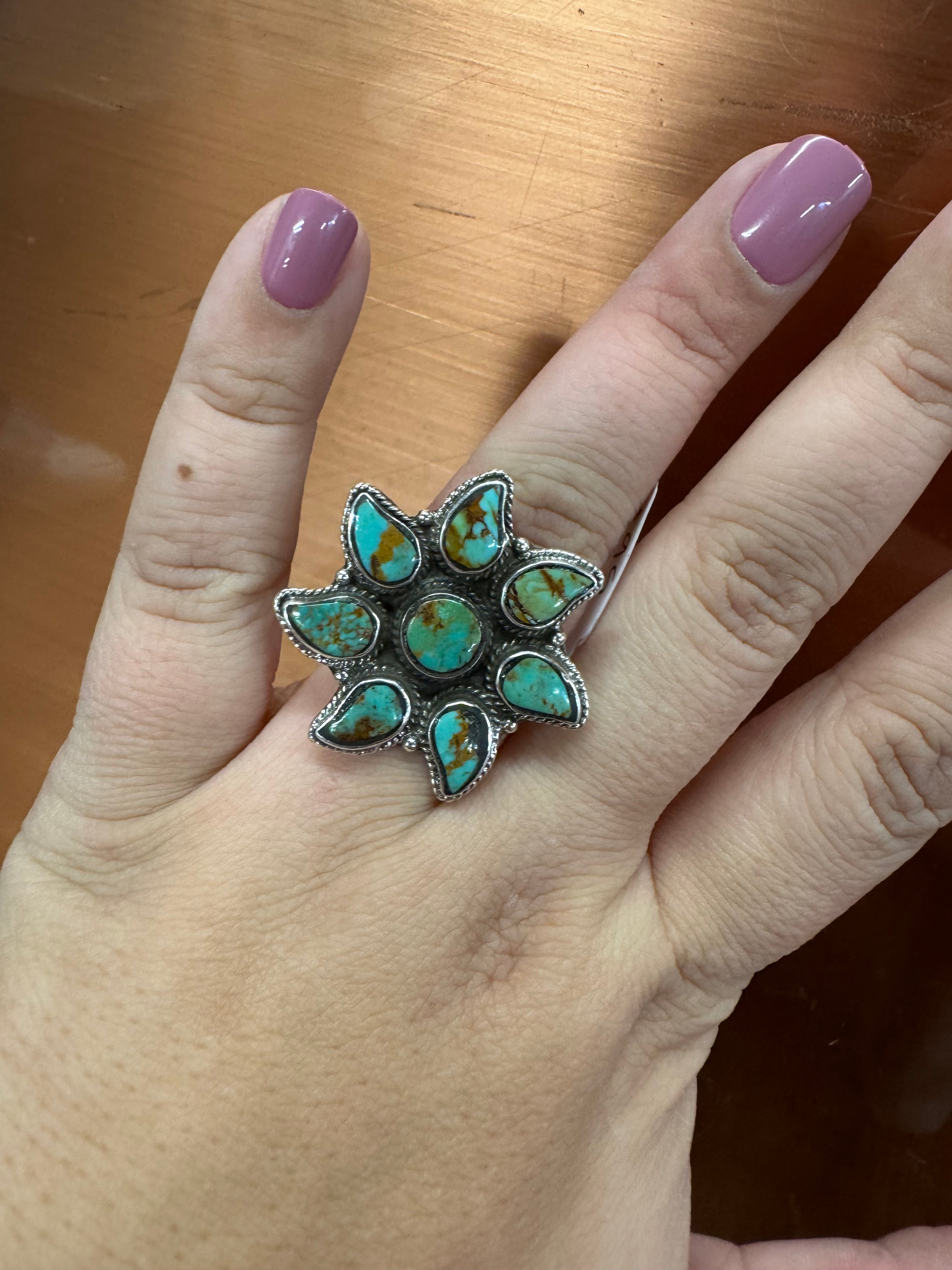 Turquoise Adjustable Flower Cluster Ring