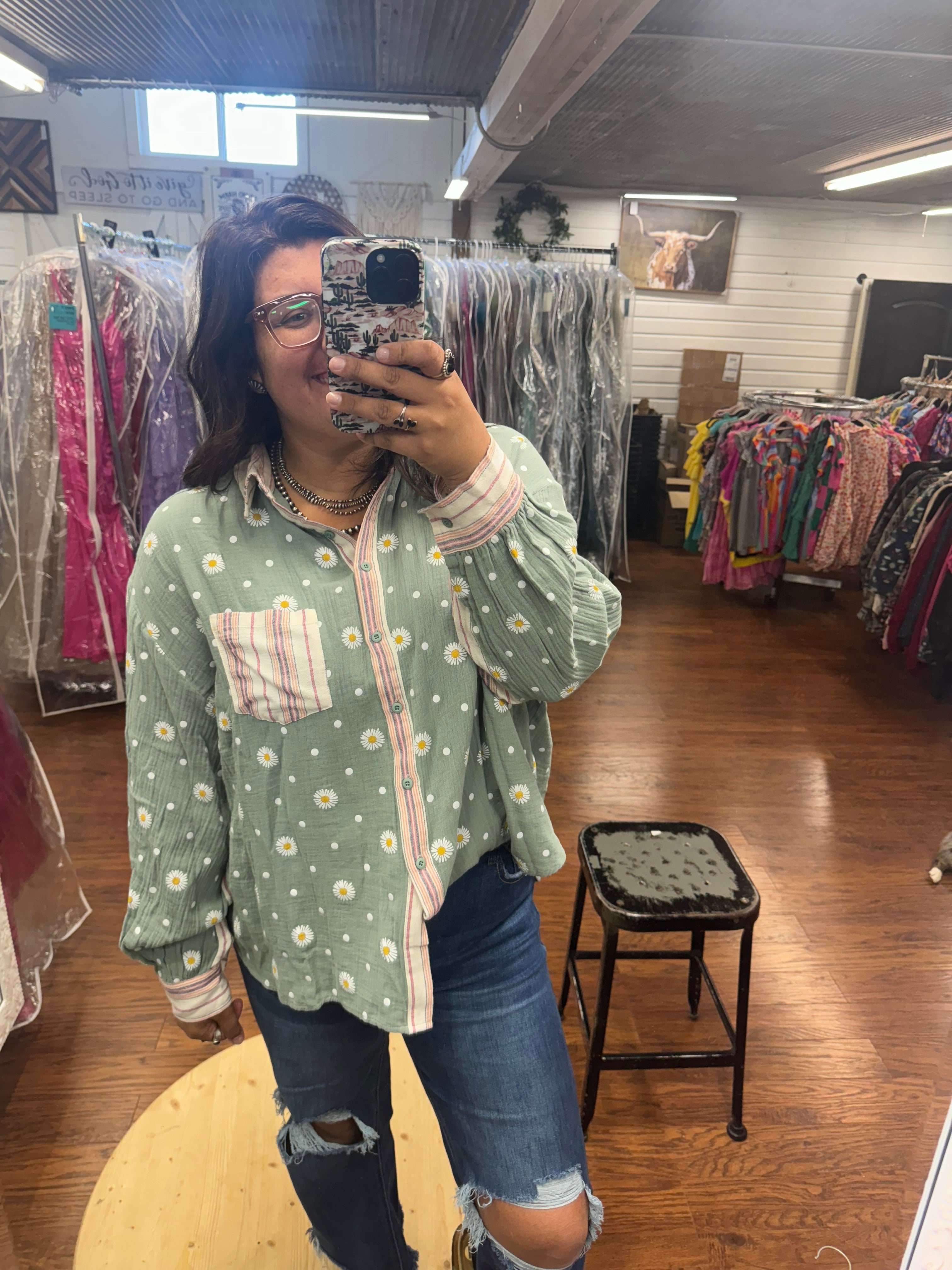 Green Daisy Dot Top